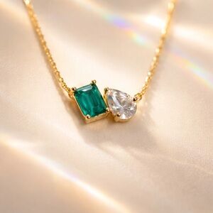 Aurate New York Green Emerald and White Topaz Toi et Moi Necklace in Vermeil